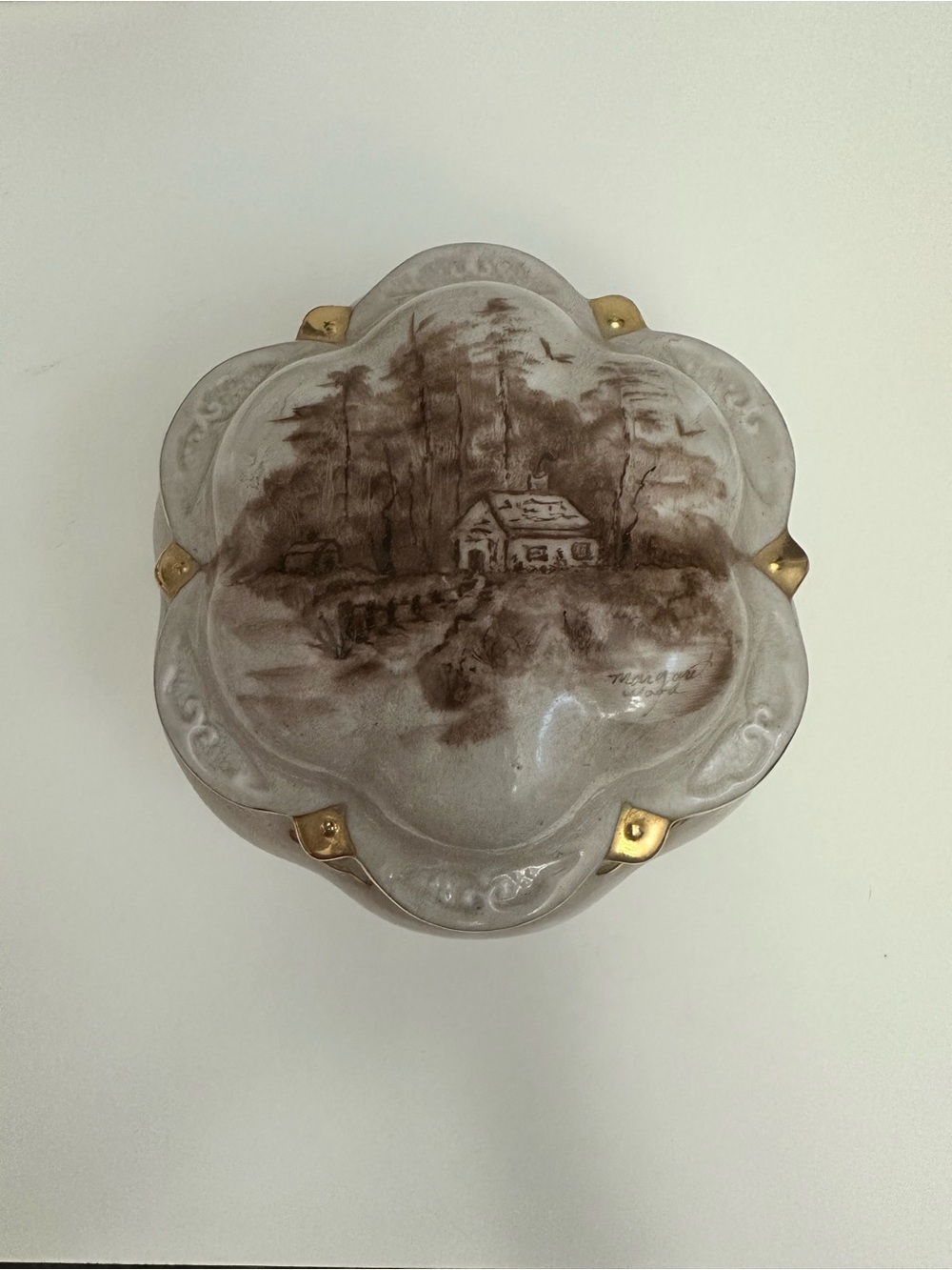 Vintage Hand-Painted Porcelain Trinket Box in Brown with Gold Accents